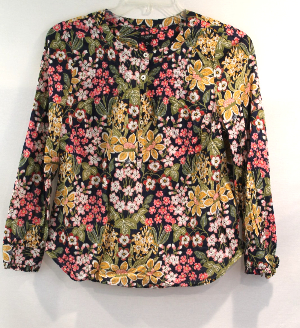 Talbots Pintuck Floral Top Womens size L Petite Navy Blue 1/2 Button Up Pullover